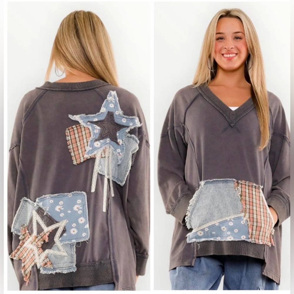 NWT Blue Velvet Oversized Pullover with Patchwork Detail